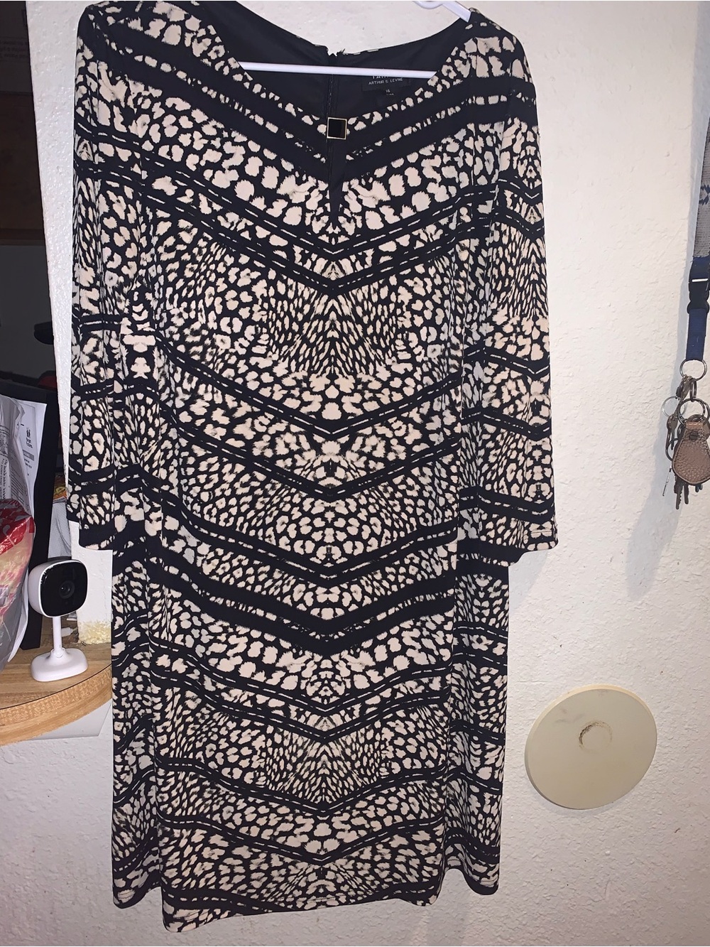 Tahari Black and Cream Printed Midi Dress